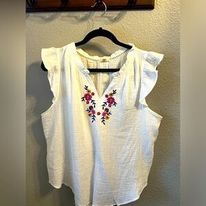 Mason & Belle Embroidered White Gauze Boho Print Short Sleeve Popover Sz XL